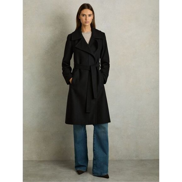 Reiss Jackets & Blazers - Reiss Women's Black Rich Belted Wool Blend Trench Coat Size 14 NWT